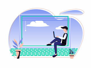 Man working from home, student or freelance worker sitting at the window. vector illustration in flat style.