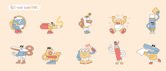 Cute school supplies characters. A collection of various actions.