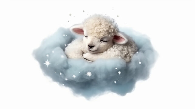 a little lamb sleeping on a cloud watercolor. Generative AI