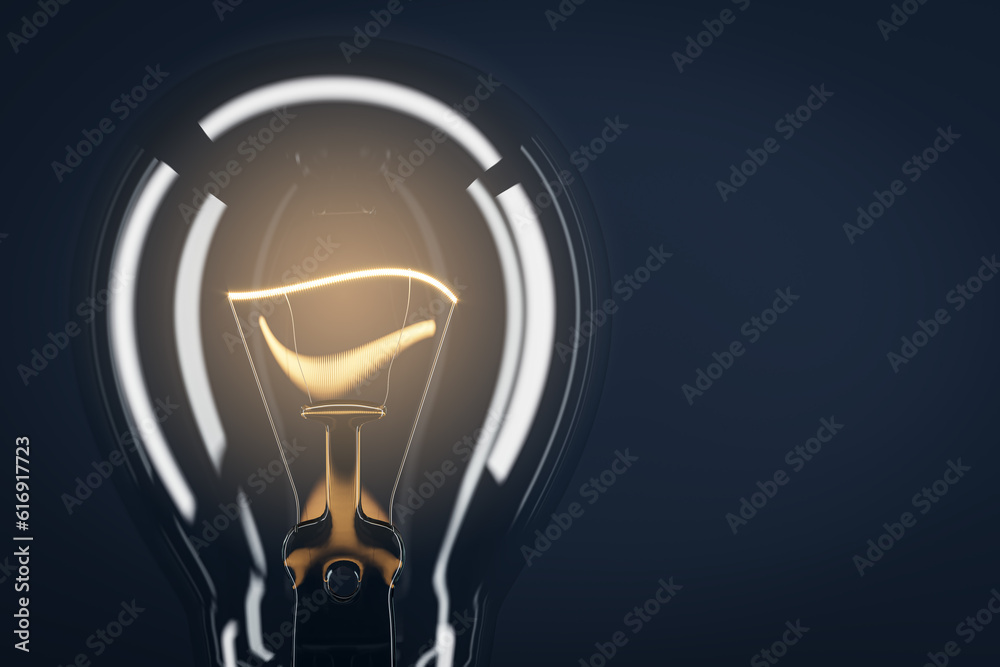 Poster creative glass light bulb with reflections and mock up place on dark wallpaper. idea, success and in
