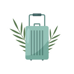 Travel suitcase, blue luggage bag, in palm leaves.
The concept of travel, vacation, tourism, and relaxation by the sea or ocean. Flat vector illustration isolated on white background eps 10.