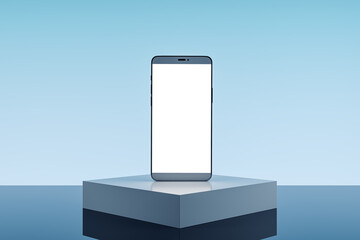 Empty white mobile phone on pedestal and blue background with mock up place. Product placement, technology presentation concept. 3D Rendering. - obrazy, fototapety, plakaty