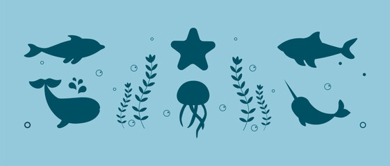 Set of seaanimals. Vector. Isolated on blue background. Childlike style.