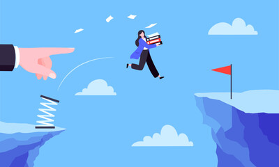 Fototapeta na wymiar Businesswoman jumps over the abyss across the cliff flat style design vector illustration. Business concept of fearless businesswoman with courage. Risk, goal achievement, work obstacles and success.