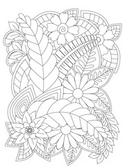 Floral doodle pattern in black and white for coloring. Coloring pages for adult. Black and white floral doodles.