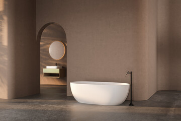 Fototapeta na wymiar Soft natural light blended with natural materials for a relaxing and sophisticated minimal bathroom has marble basin, oval mirror, toilet, bidet, arch, trend. 3d rendering