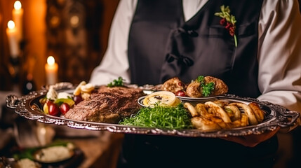 Luxury food service, main course served at a restaurant or formal dinner event in classic English style in the luxurious hotel or country estate, generative ai