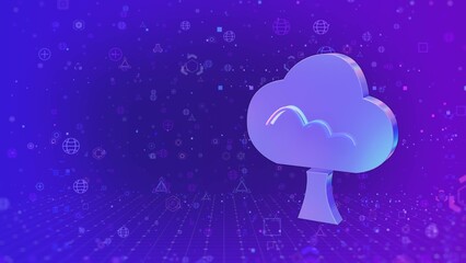 a broad-leaved tree icon, an informational cyberspace with a grid, a 3d holographic metal sign. 3D rendering of a horizontal symbol.