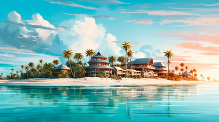Fototapeta na wymiar Tropical island Maldives with palm trees and bungalows. Vector illustration.AI Generated