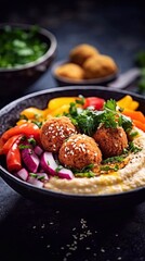 Fototapeta na wymiar Fried falafel balls with vegetables and hummus in bowl on dark background. AI generated