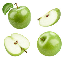 Green apple with green leaf and cut in half slice isolated on white background. Green apple Clipping Path