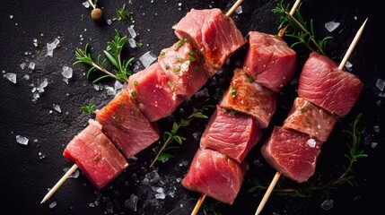  Close up of Fresh raw beef meat skewers for  shish kebab on black stone background. Top view.