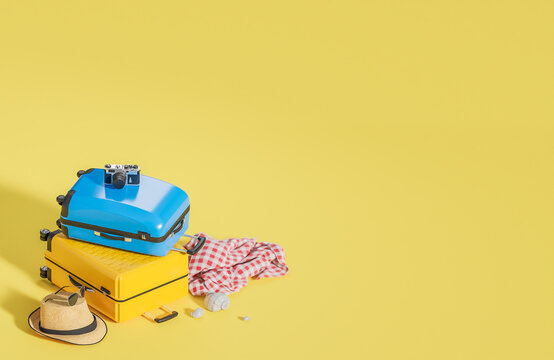 Yellow and blue suitcase with travel accessories on yellow background. Summer travel concept.,3d model and illustration.
