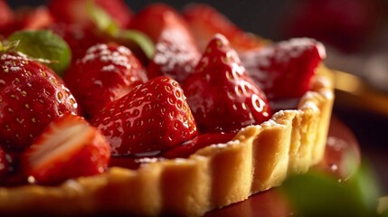 Close up of Strawberries tart on wooden background. Top view. AI generated