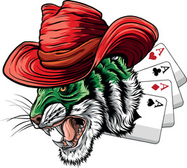 vector illustration of Tiger Cowboy with poker cards