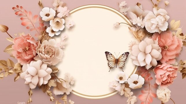  Beautiful  flowers and butterfly  background.Floral trendy abstract background. AI generated