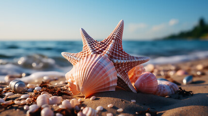 Two starfish and shells on an empty beach, in the style of exotic fantasy landscapes