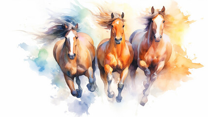Fototapeta na wymiar running horses watercolor on a white background dynamics composition art. Generative AI