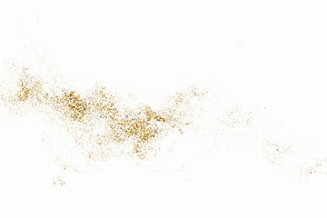 Gold glitter texture on white background. Festive background. Golden explosion of confetti. Design element.