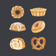 Set of Breads and pastries watercolor vector design elements