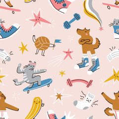 vector kids sport seamless pattern with cats and dogs. Cute sport animals in hand-drawn style. Vector repeat animal background for fabric design.  © Utro na more