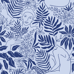 Elegance tropical seamless pattern with young woman and exotic flowers and leaves. Natural repeat background in blue colors. Stylish and trendy monochrome fabric  - 616922185