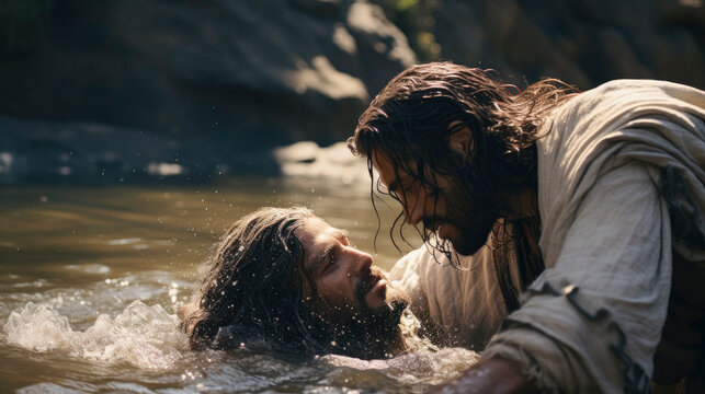 Portrait of Jesus of Nazareth baptized by John the Baptist in the Jordan river. Christian illustration.