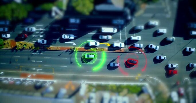 Ai, surveillance and gps with car on highway from top view for cyber security system, future and technology. Network, safety and radar with vehicle hud tracker in city for digital and database