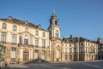 Fototapeta na wymiar View at the Town hall with Clock tower in the streets of Rennes - France