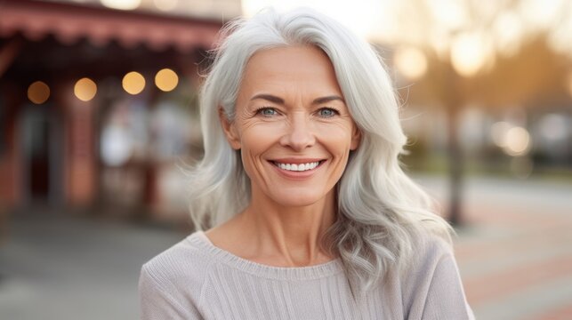 Beautiful happy woman smiling at the camera outdoors. Close-up portrait of a cheerful handsome European woman in the city. Middle aged delighted caucasian woman standing in a city.  AI Generated