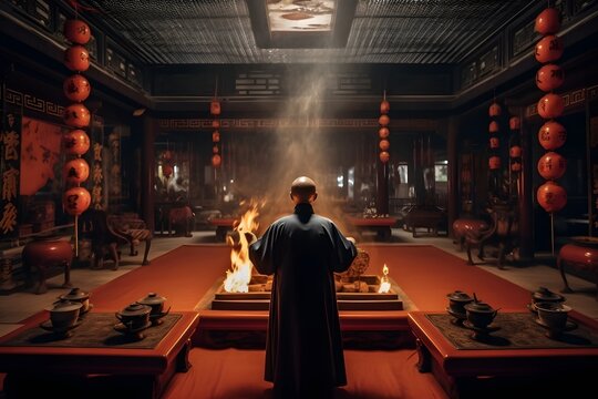 An image capturing a Taoist priest engrossed in a spiritual ritual inside a temple, emphasizing the solemnity and spirituality of Taoism.