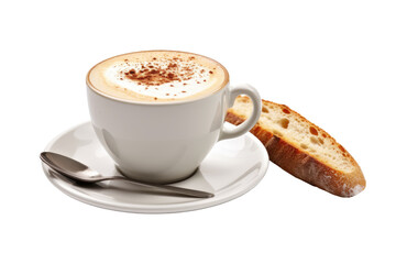 Hot latte with baguette bread for breakfast isolated on transparent background. Generative Ai