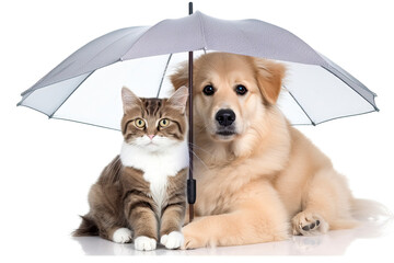 Cute cat and dog sitting under umbrella. Pet insurance, protection and wellness idea. AI generative