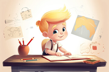 Cartoon schoolboy sitting at the table and drawing or doing homework. Preparation for school. School concept, distance learning. Generative AI