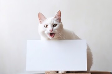 A cute white cat is holding a blank sign for advertising text on a white background. - obrazy, fototapety, plakaty