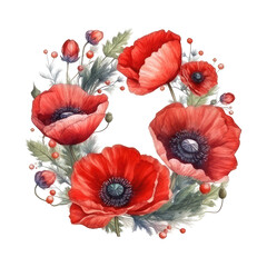 Watercolor illustration of a wreath of poppies