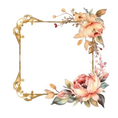 Watercolor illustration vintage frame made of gold and flowers