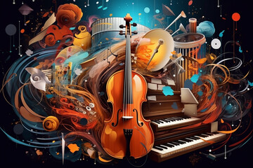 colorful neon background musical style theme abstract musical instruments 3d layout. Generative AI - obrazy, fototapety, plakaty