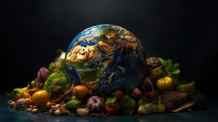 Obraz na płótnie Canvas Food waste global problem concept. Food Loss and Waste Reduction in future. Planet earth covered with leftover food waste