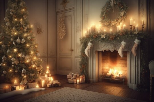 Christmas interior room fireplace. Generate Ai