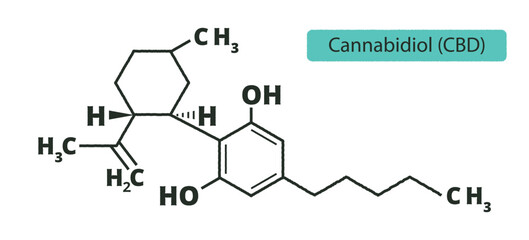 Chemical formula of CBD cannabidiol. Marijuana.Skeletal formula structure isolated on white background. Vector illustration.