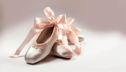 Obraz na płótnie Canvas Pointe shoes ballet dance shoes with a bow of ribbons beautifully folded on a white background with a lot of light