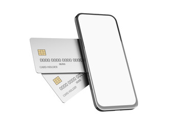 Blank smartphone screen. Online payments. Mobile payment concept. Bank card mockup with chip and smartphone. Smartphone white screen. Plastic card for online payments. 3D render. - obrazy, fototapety, plakaty