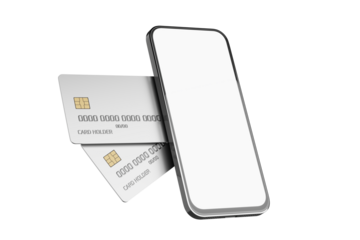Blank smartphone screen. Online payments. Mobile payment concept. Bank card mockup with chip and smartphone. Smartphone white screen. Plastic card for online payments. 3D render.