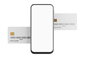 Fototapeta na wymiar Mobile payment concept. Bank card mockup with chip and smartphone. Smartphone white screen. Plastic card for online payments. Blank smartphone screen. Online payments. 3D render.