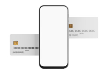 Mobile payment concept. Bank card mockup with chip and smartphone. Smartphone white screen. Plastic card for online payments. Blank smartphone screen. Online payments. 3D render.