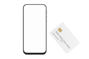 Fototapeta na wymiar Plastic card for online payments. Blank smartphone screen. Online payments. Mobile payment concept. Bank card mockup with chip and smartphone. Smartphone white screen. 3D render.