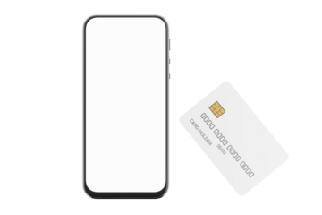 Plastic card for online payments. Blank smartphone screen. Online payments. Mobile payment concept. Bank card mockup with chip and smartphone. Smartphone white screen. 3D render.