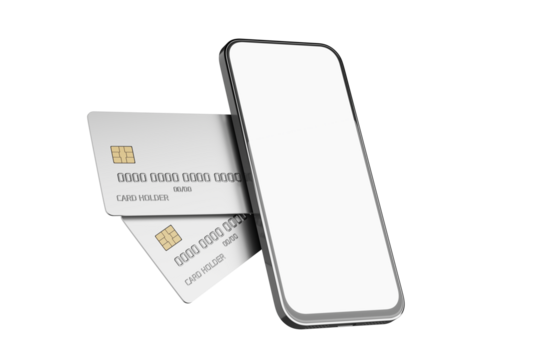 Blank smartphone screen. Online payments. Mobile payment concept. Bank card mockup with chip and smartphone. Smartphone white screen. Plastic card for online payments. 3D render.