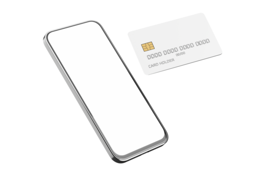 Smartphone white screen. Plastic card for online payments. Blank smartphone screen. Online payments. Mobile payment concept. Bank card mockup with chip and smartphone. 3D render.